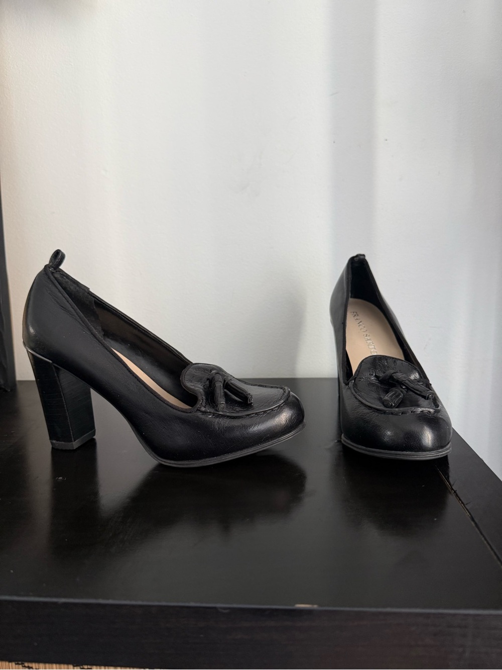 Franco Sarto Black Leather Tassel Block Heel Pumps
